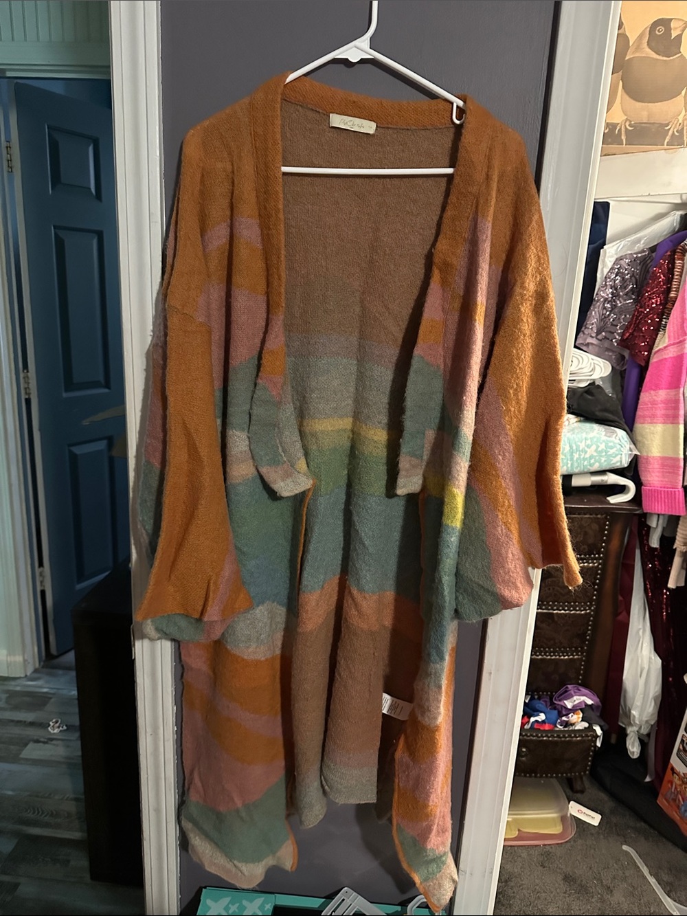 Mes Demoiselles Open-Front Multi-Color Striped Long Cardigan — Rust, Pink, Mint